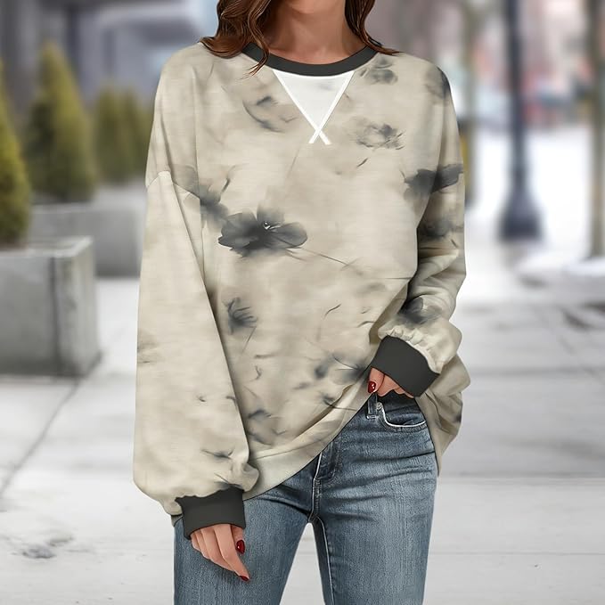 Womens Sweatshirts Fahsion Floral Print Long Sleeve Comfy Fall Tops Oversized Casual Crewneck Pullover Shirts