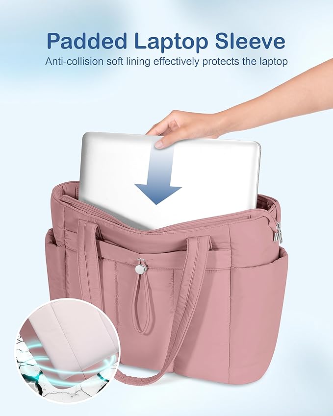 TOPDesign Puffy Tote Bag for Women with Cup Holder & Laptop Compartment & Cosmetic Bag & Trolley Sleeve for Work, Travel