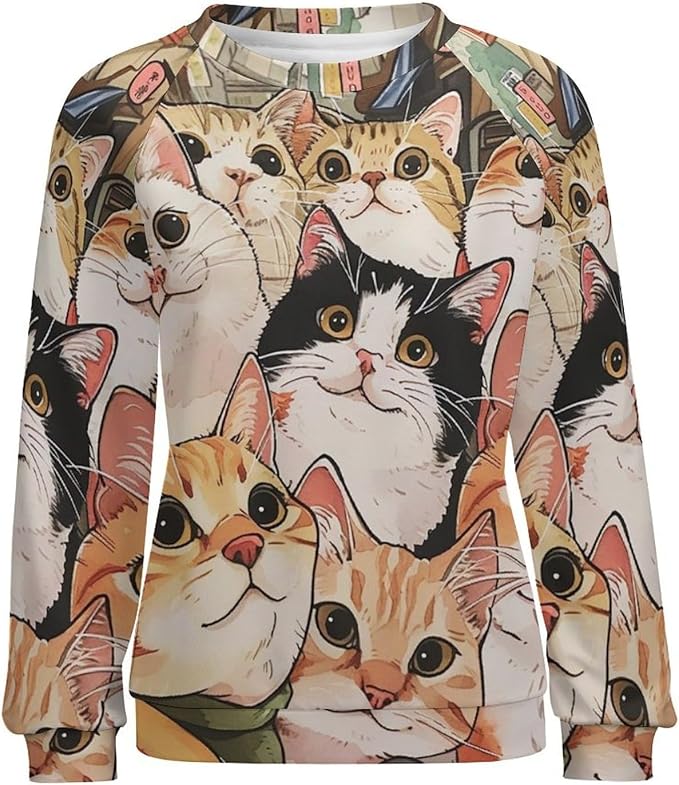 Long Sleeve Shirt Women Fall Cat Print Funny Hide Belly Vacation Plus Size Ladies Hippie Dressy Sweaters