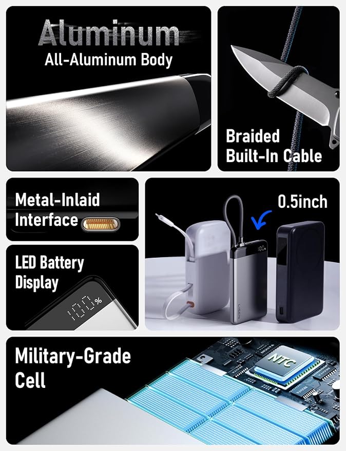 LISEN 10000mAh USB C Power Bank [Aluminum Alloy & Slim] CCC Certified iPhone Portable Charger Fast Charging with Built in USB-C Cable, Travel Power Bank for iPhone 17/16/15 S25/24 Pixel iPad and More