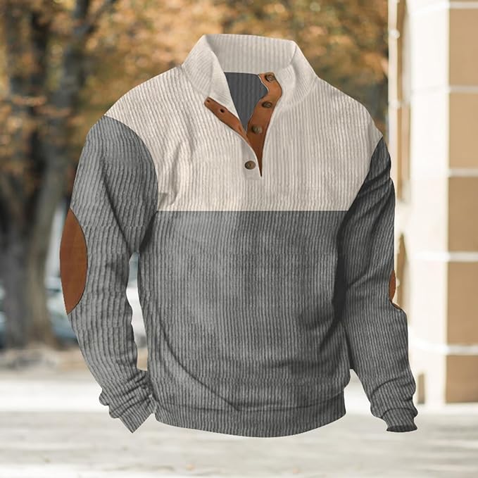 Men's Quarter Button Quilted Sweatshirt Classic Long Sleeve Elbow Patches Stand Collar Color Block Sweatshirts