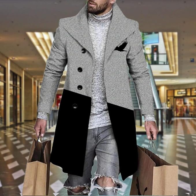 Men's Plaid Long Trench Coat Mid - Length Lapel Collar Button Down Warm Overcoat for Winter & Autumn Fashion