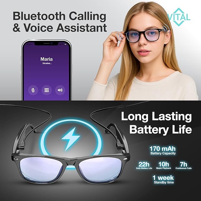 Vital Smart Glasses for Men AI Translation – Open-Ear Bluetooth 5.3 Audio, 164-Language Translator in Phone App Vital Smart Glasses for Women UV400 Blue-Light Blocker Voice-Assistant Eyewear AI Glass
