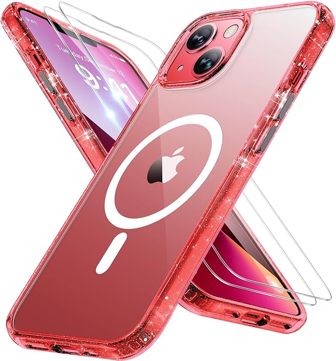 Miracase Magnetic for iPhone 13 Case 6.1 inch (Compatible with MagSafe)（with 2X Screen Protectors） Military-Grade Protection, Anti-Fingerprint Translucent Matte Phone Case Cover, Glitter Red