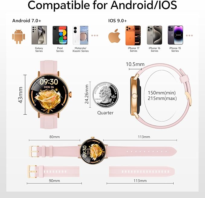 Smart Watches for Women,1.27" HD Fitness Tracker Answer/Make Call, Heart Rate/Sleep/SpO2，Round Smart Watch for iPhone/Samsung/Android,IP68 Waterproof，110+ Sport Mode-Pink(2 Bands)