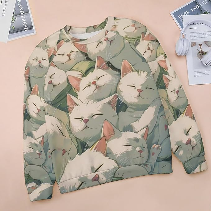 Long Sleeve Shirt Women Fall Cat Print Funny Hide Belly Vacation Plus Size Ladies Hippie Dressy Sweaters