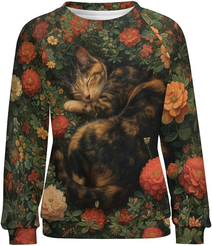Sweatshirt for Women Cat Print Fashion Funny Plus Size Ladies Dressy Crewneck Casual Trendy Tee Shirts
