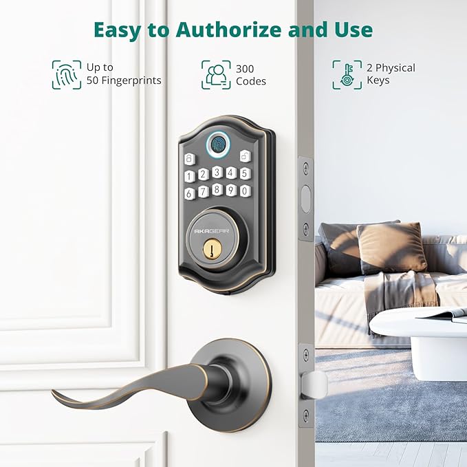 DS10 Keyless Entry Door Lock with Handle - 2 Lever Handles, Fingerprint Door Lock, Keypad Deadbolt, 2 Keys, Code, Smart Locks for Front Door, Auto-Lock, Easy Installation - Oil Rubbed Bronze