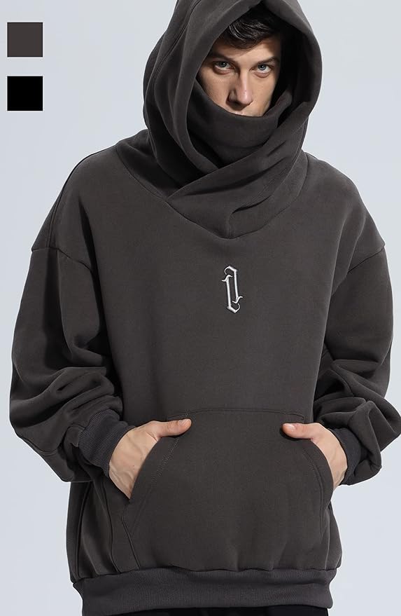 Fleece Hoodies for Men Cowl Neck Sweatshirts Hood with neck Gaiter Casual Pullover Fall Winter with Embroidery