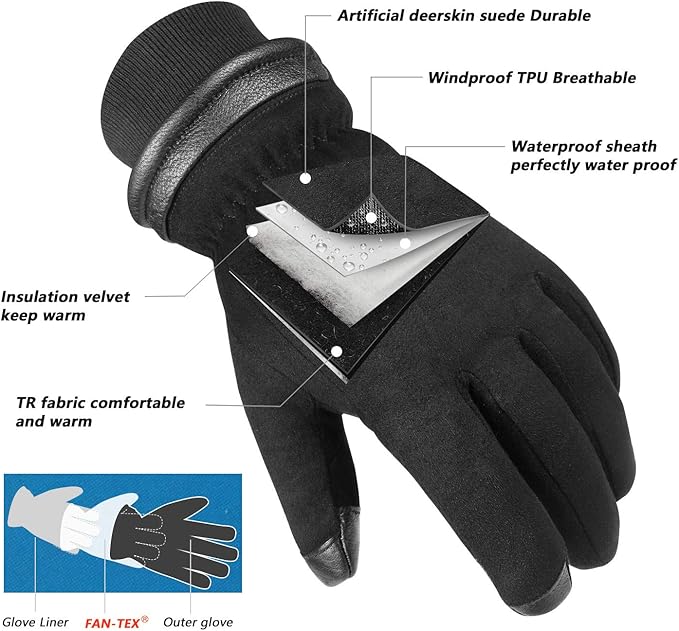 OZERO Waterproof Winter Gloves Men Women: Touchscreen Thermal Insulated Ski Snow Gloves Motorcycle in Cold Weather Warm Gifts