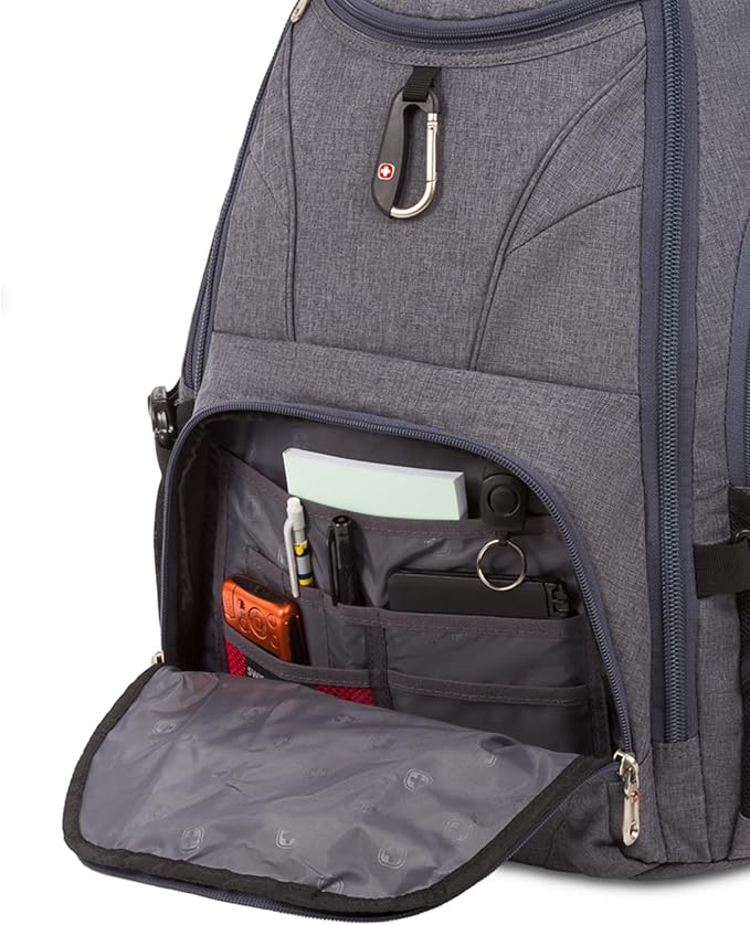 SwissGear 1900 ScanSmart 17” Laptop Backpack Grey Heather – Reflective Tech Backpack with ScanSmart Compartment – Multiple Organizer Pockets & RFID Scan Blocking Technology