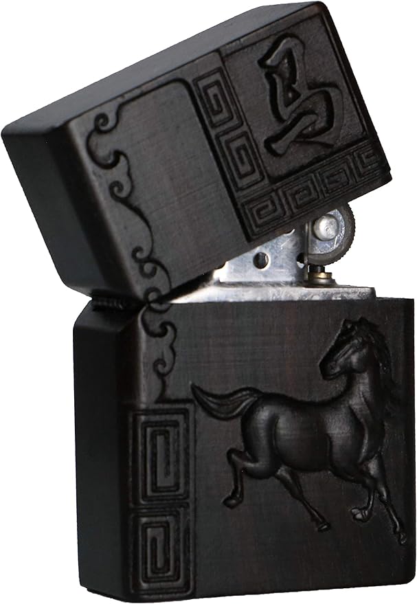 Natural Ebony Black Wood Carved Lighter Shell Box For Zippo Module (Zodiac Horse)