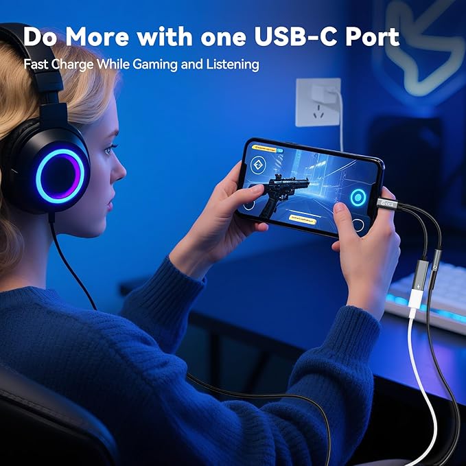 USB Type C to 3.5mm Headphone and Charger Adapter,2 in 1 USB C to Aux Audio Jack Hi-Res DAC with Charging for Earphones,Compatible with Samsung Galaxy S25/S24/S23/S22+ (USB-3.5MM, 1Pack)
