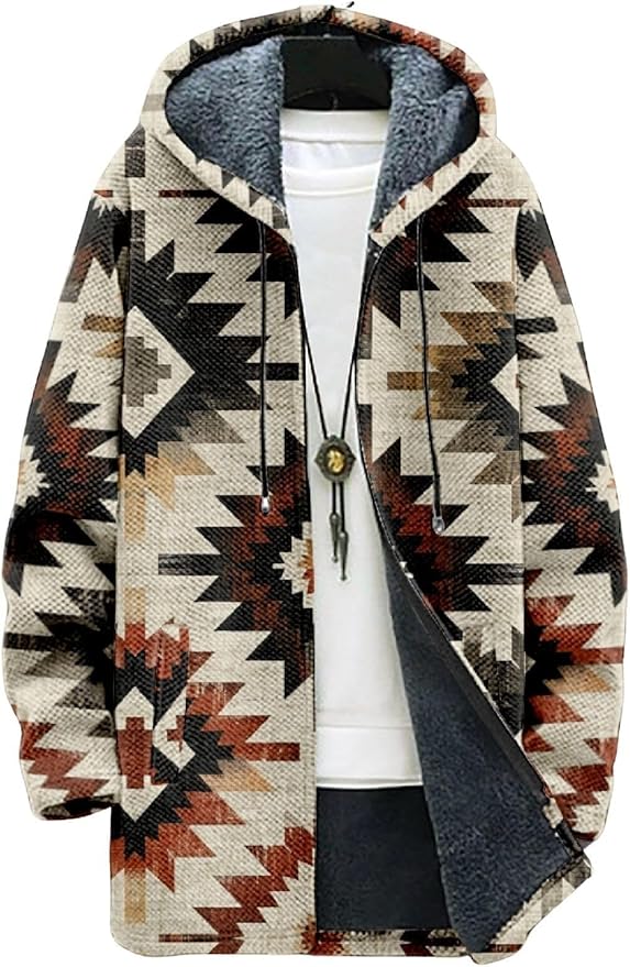 2025 Men's Ethnic Pattern Hooded Jacket Long Cardigan Hoodies Full Zip Vintage Knitted Zipper Coat with Pocket