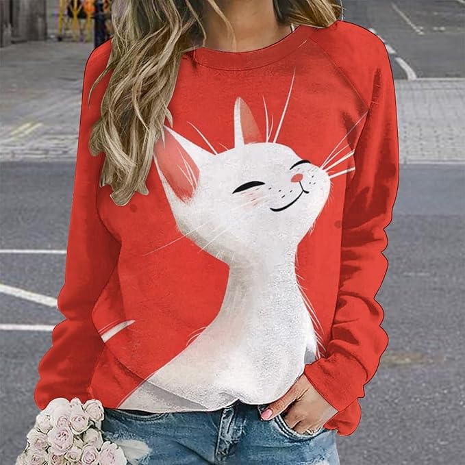 Long Sleeve Shirts for Women Cat Printed Fall Winter Dressy Holiday Casual Fashion Crewneck Tunic Tee Shirts