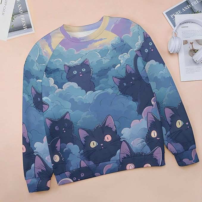 Long Sleeve Shirt Women Fall Cat Print Funny Hide Belly Vacation Plus Size Ladies Hippie Dressy Sweaters