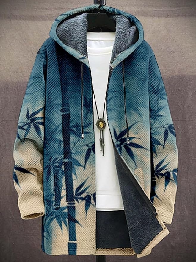 2025 Men's Ethnic Pattern Hooded Jacket Long Cardigan Hoodies Full Zip Vintage Knitted Zipper Coat with Pocket