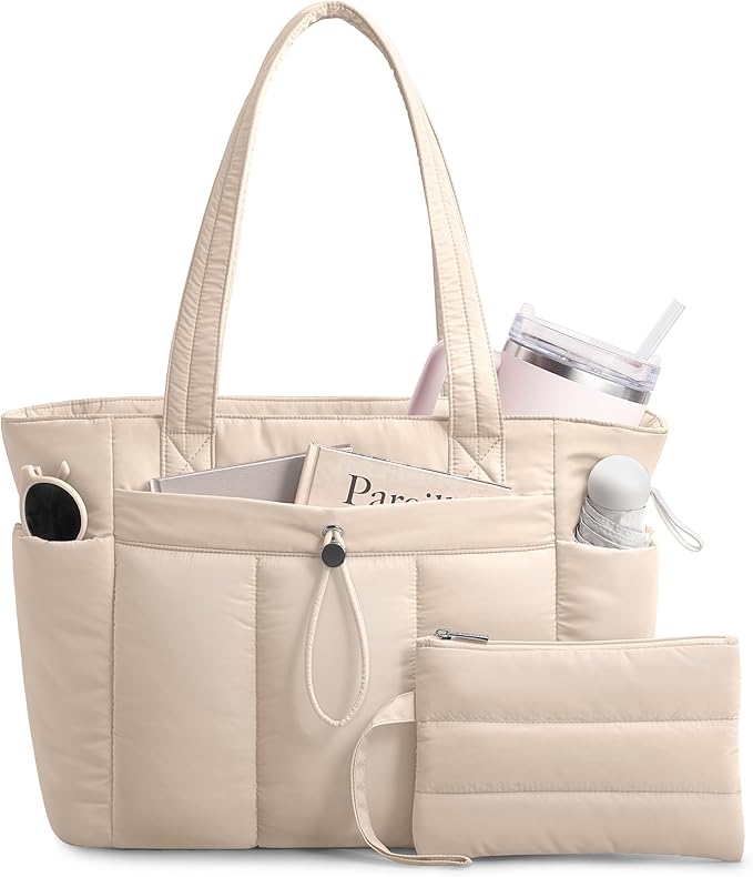 TOPDesign Puffy Tote Bag for Women with Cup Holder & Laptop Compartment & Cosmetic Bag & Trolley Sleeve for Work, Travel