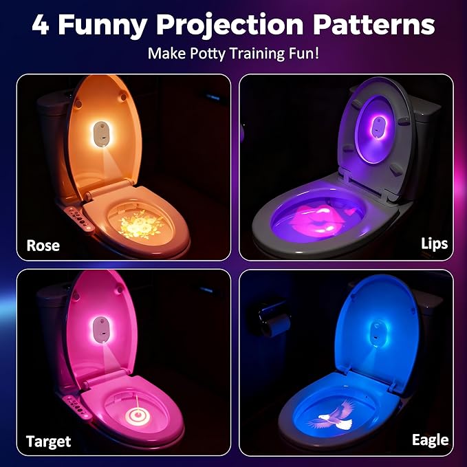 Toilet Night Light Motion Sensor, Motion Activated Night Light 13 Color Changing 4 Projection Patterns, Rechargeable Toilet Bowl Light for Bathroom Accessories Decor Men Women Kid Gifts,Hallway Stairs