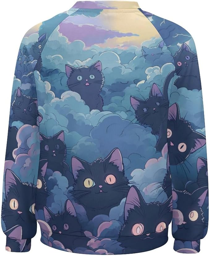 Fall Sweaters for Women 2024 Cat Print Long Sleeve Casual Crewneck Warm Fall Pullover Comfy Fashion Sweatshirts