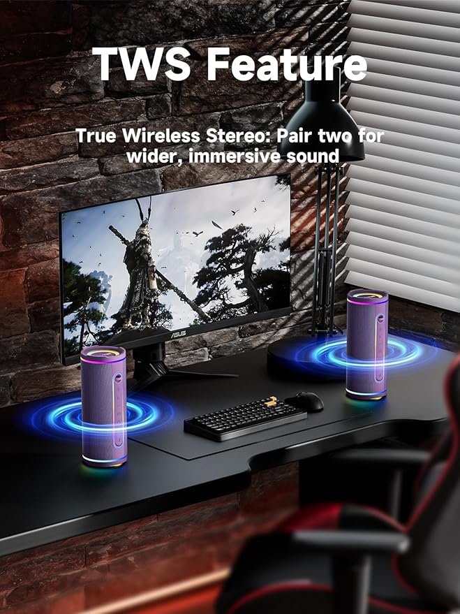 MLOVE E80 Portable Bluetooth Speaker, Bluetooth 5.4 Wireless Speakers IPX7 Waterproof with Aux Input, Micro SD Card Slot, Led Lights, Bass Boost, Dual Pairing, Mic for Outdoor Travel, Car, 30W, Purple