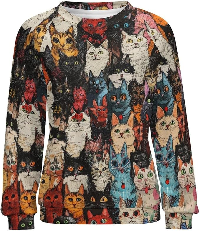 Fall Sweaters for Women 2024 Cat Print Long Sleeve Casual Crewneck Warm Fall Pullover Comfy Fashion Sweatshirts