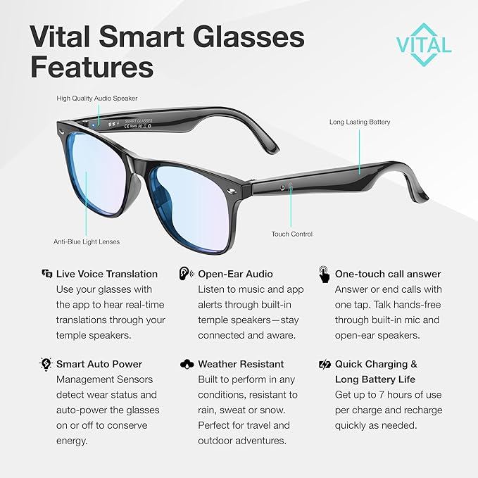 Vital Smart Glasses for Men AI Translation – Open-Ear Bluetooth 5.3 Audio, 164-Language Translator in Phone App Vital Smart Glasses for Women UV400 Blue-Light Blocker Voice-Assistant Eyewear AI Glass