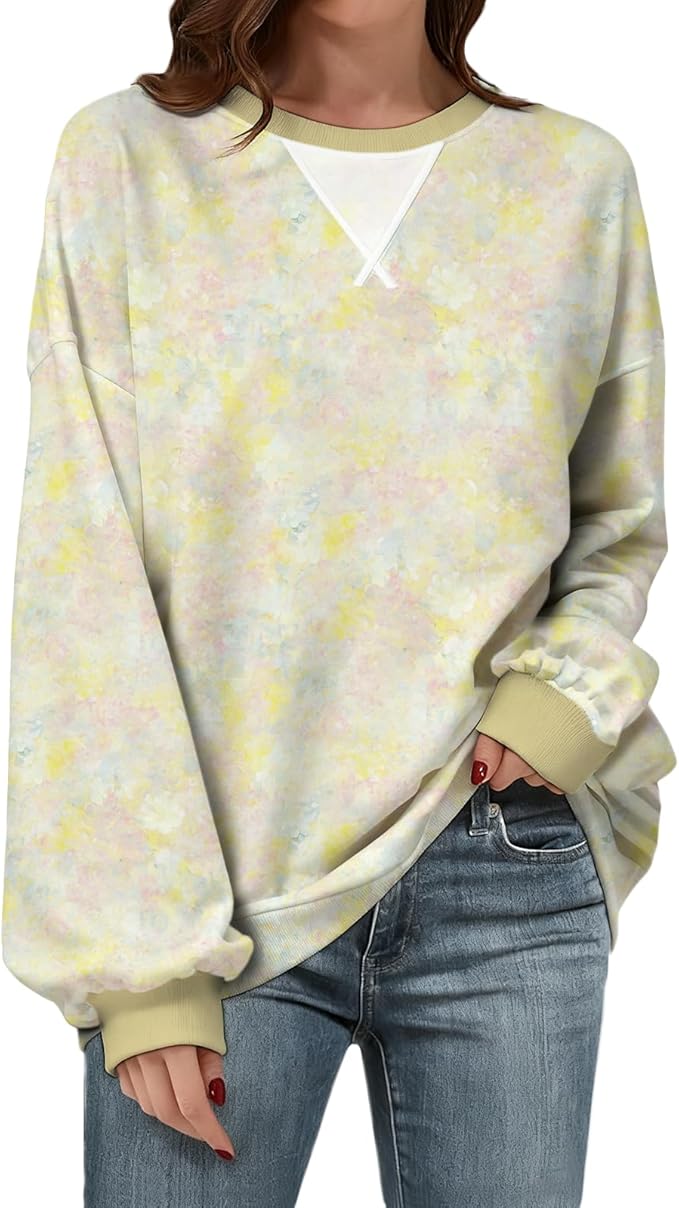 Womens Sweatshirts Fahsion Floral Print Long Sleeve Comfy Fall Tops Oversized Casual Crewneck Pullover Shirts