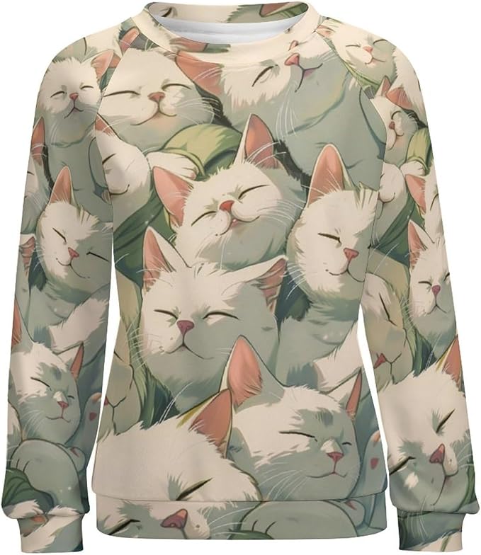 Long Sleeve Shirt Women Fall Cat Print Funny Hide Belly Vacation Plus Size Ladies Hippie Dressy Sweaters
