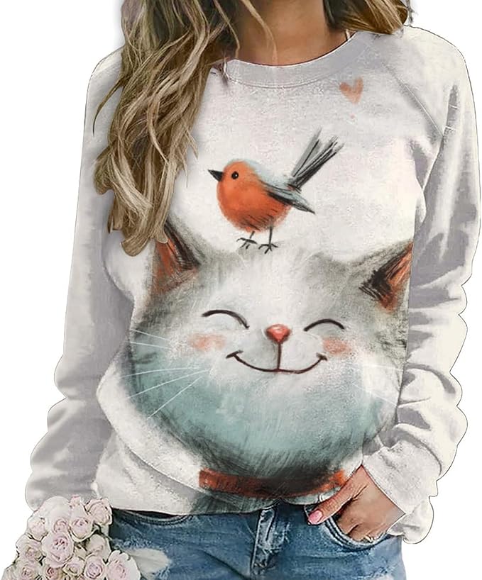 Long Sleeve Shirts for Women Cat Printed Fall Winter Dressy Holiday Casual Fashion Crewneck Tunic Tee Shirts