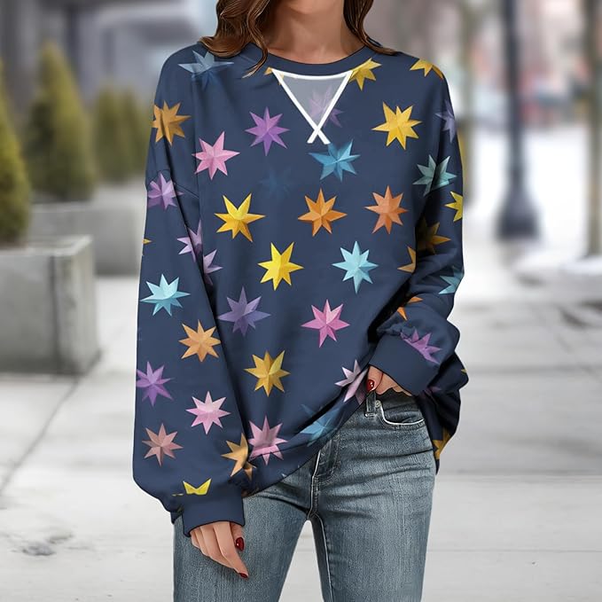 Womens Sweatshirts Fahsion Floral Print Long Sleeve Comfy Fall Tops Oversized Casual Crewneck Pullover Shirts