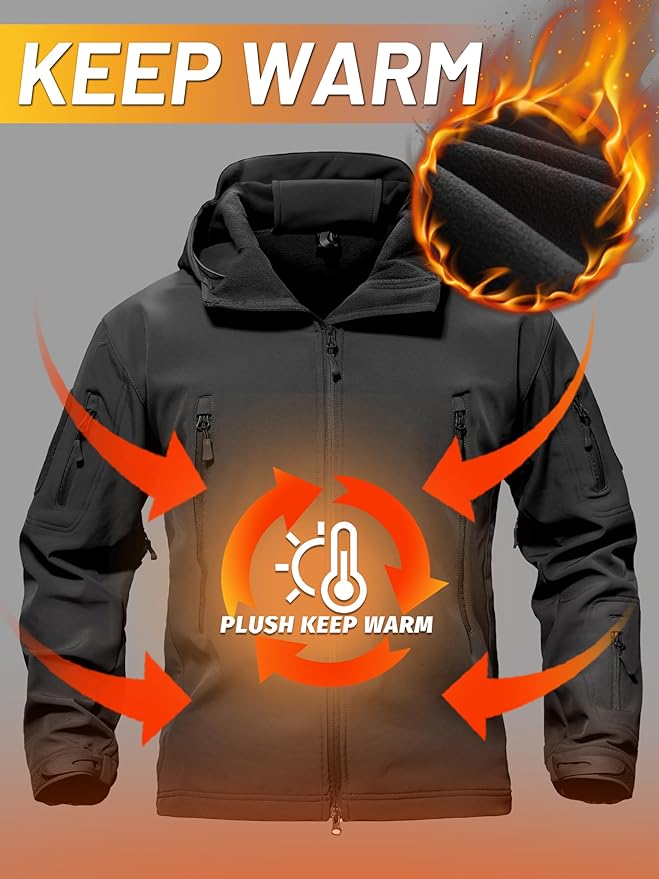 TACVASEN Men's Special Ops Military Tactical Soft Shell Winter Warm Fleece Lined Jacket Rain Hood Coat Hiking Snowboard
