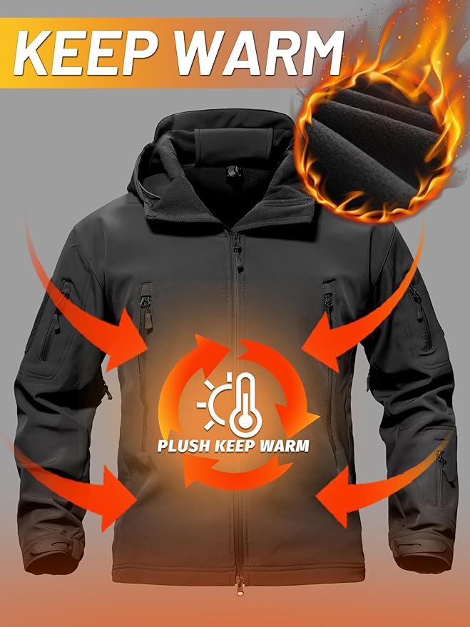TACVASEN Men's Special Ops Military Tactical Soft Shell Winter Warm Fleece Lined Jacket Rain Hood Coat Hiking Snowboard