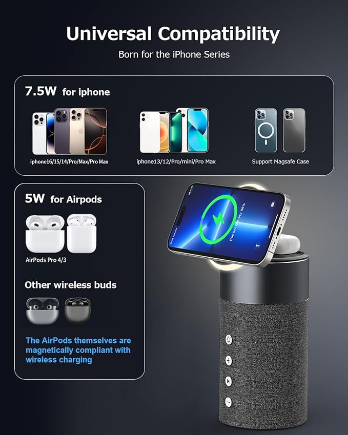 COLSUR Bluetooth Speaker, Magnetic Wireless Charger, Bluetooth Speakers with Night Light, 2 in 1 Wireless Charging Station for iPhone 17/16/15/14/13/12 Series, AirPods Pro 2/4/3/2（Gift Ideal）