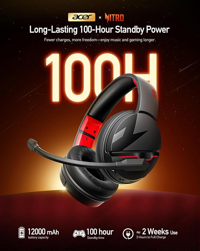 acer Wireless Gaming Headset, PS5 Headset with 2.4GHz for Ps5, Ps4, PC, Switch, Bluetooth 5.3 + 100Hrs Gaming Headphones with Noise Canceling Mic for Laptop, Mobile, Mac, 50mm Drivers (Red)