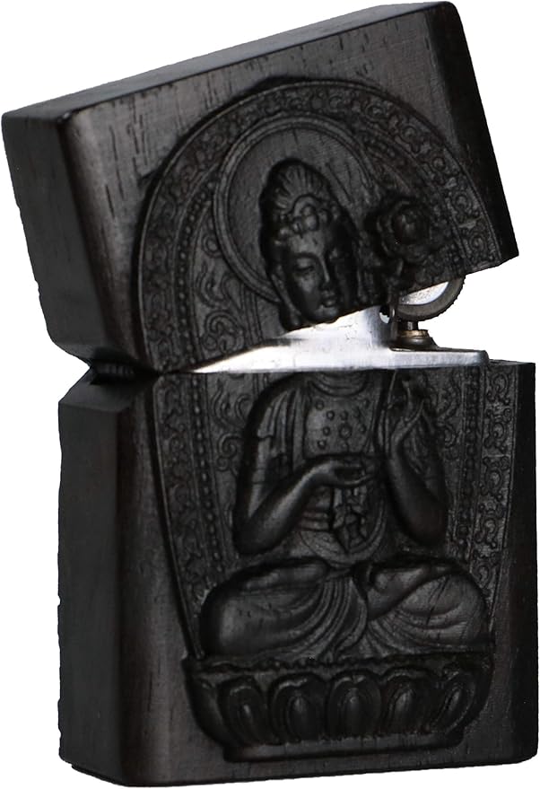 Natural Ebony Black Wood Carved Lighter Shell Box For Zippo Module (Protector Deity/Mahasa Boddhisattva)