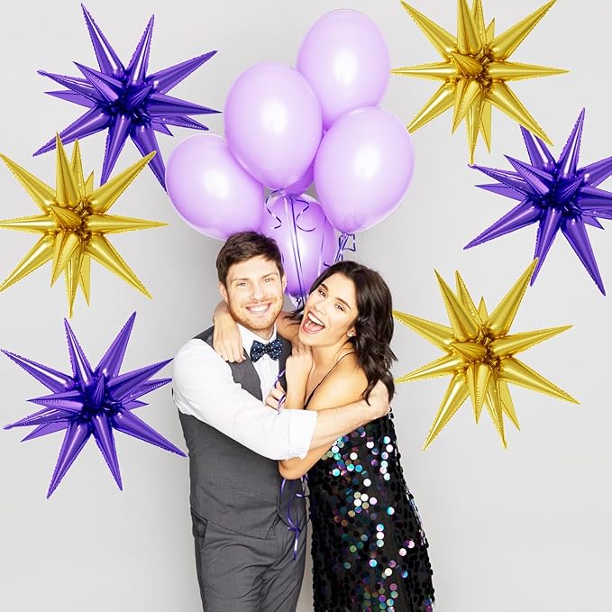 6PCS Star Balloons, 22Inch Large Purple Gold Star Balloon Explosion Foil Balloons Cone Spike Balloon for Birthday Graduation Wedding Anniversary Party Backdrops Decorations
