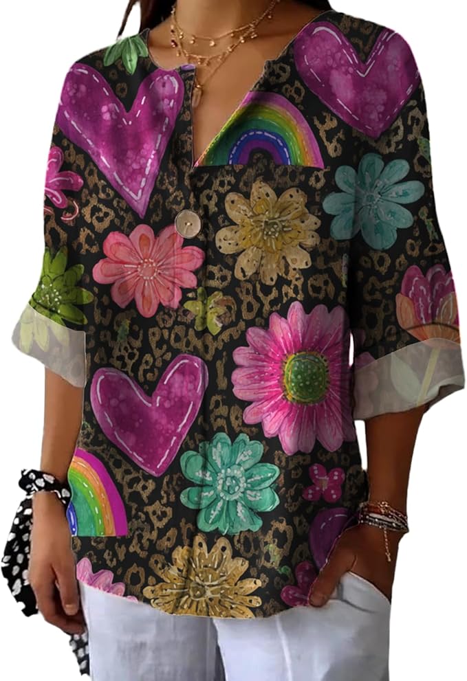 Fashion Shirts for Women Loose Fit Button Down V Neck Blouse 3/4 Sleeves Casual Tunic Tops Summer Outfits