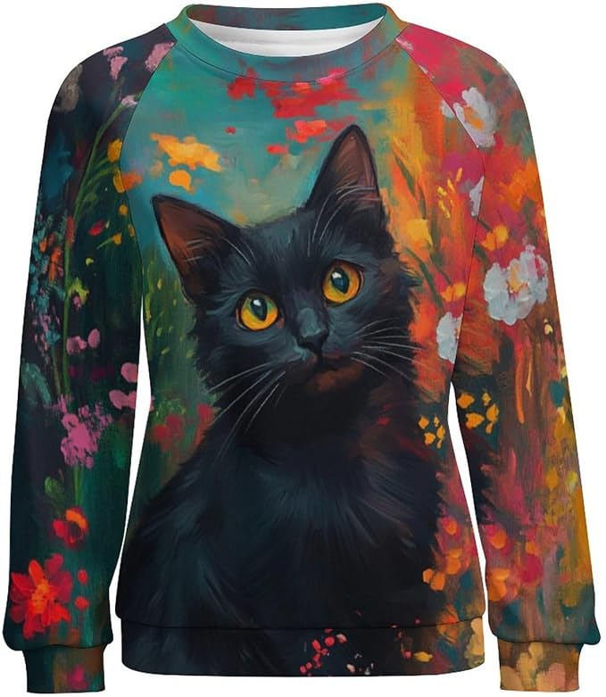 Sweatshirt for Women Cat Print Fashion Funny Plus Size Ladies Dressy Crewneck Casual Trendy Tee Shirts