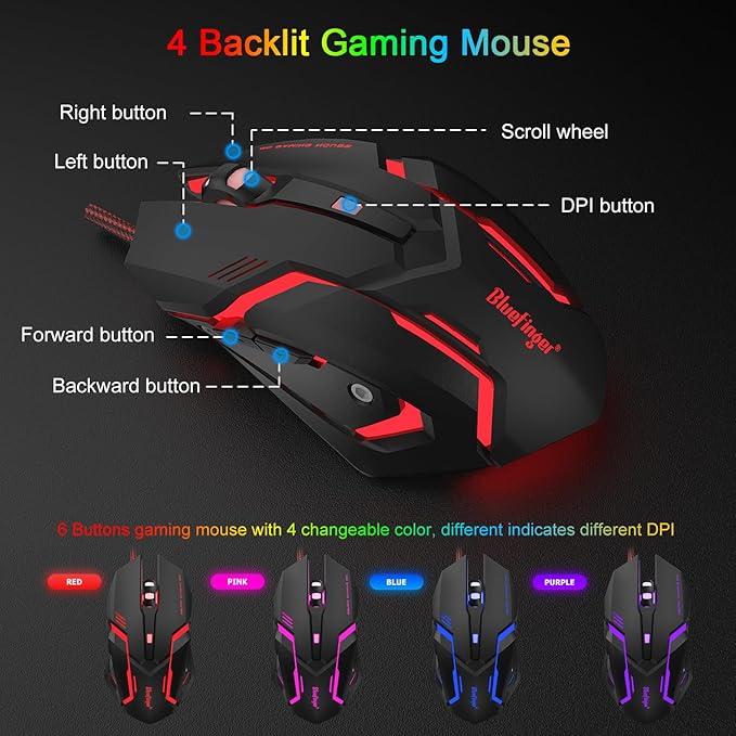 BlueFinger RGB 87 Keys Gaming Keyboard and Backlit Mouse Combo, USB Wired Rainbow Keyboard, Gaming Keyboard Set for Laptop PC Computer Game and Work(Gray & Black)