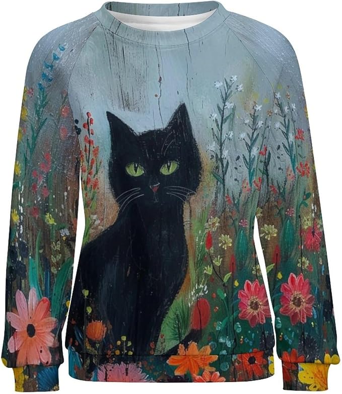 Sweatshirt for Women Cat Print Fashion Funny Plus Size Ladies Dressy Crewneck Casual Trendy Tee Shirts