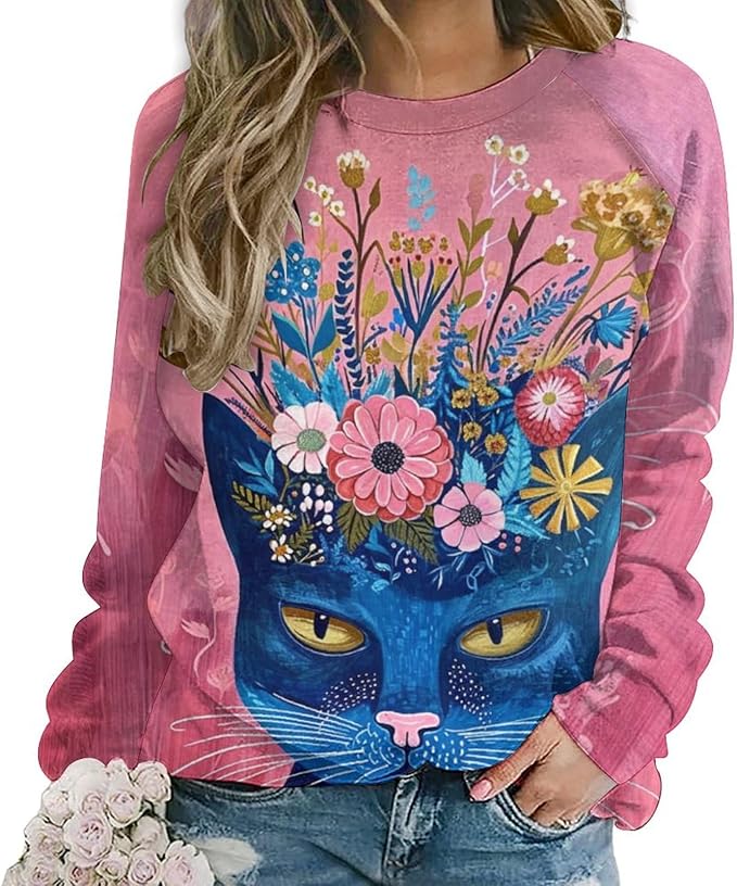 Sweatshirt for Women Cat Print Fashion Funny Plus Size Ladies Dressy Crewneck Casual Trendy Tee Shirts