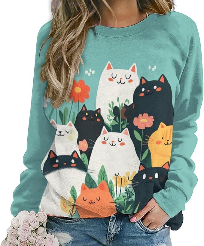 Fall Sweaters for Women 2024 Cat Print Long Sleeve Casual Crewneck Warm Fall Pullover Comfy Fashion Sweatshirts