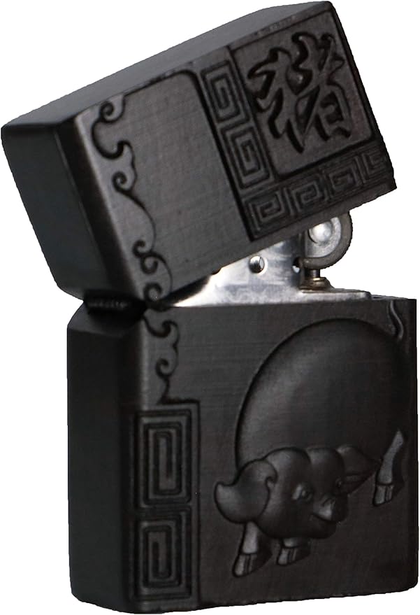 Natural Ebony Black Wood Carved Lighter Shell Box For Zippo Module (Zodiac Pig)