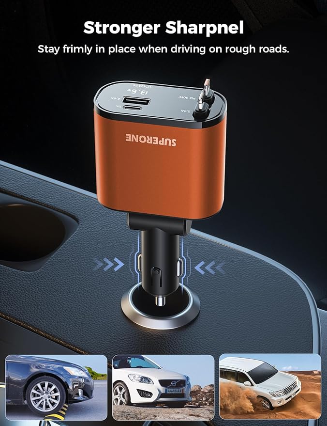【Upgraded】 SUPERONE Retractable Car Charger 4 in 1, Fast Car Phone Charger with Cord 2.6ft, USB C and Apple Car Charger Adapter, Compatible with iPhone 17/16/15/15 Pro Max/14/13/12/11, Galaxy, Pixel