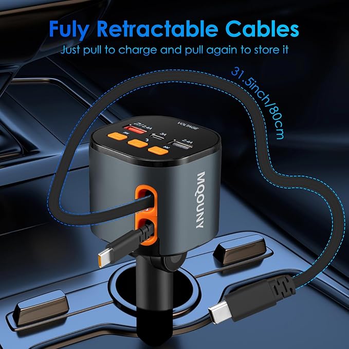 Retractable Car Charger,5 in 1 Fast Car Phone Charger 90W,Bluetooth 5.3 FM Transmitter Adapter,Handsfree Call,2 Retractable USB-C Cables and USB Cars Chargers for iPhone 16/15/14/13/12/11,Galaxy,Pixel