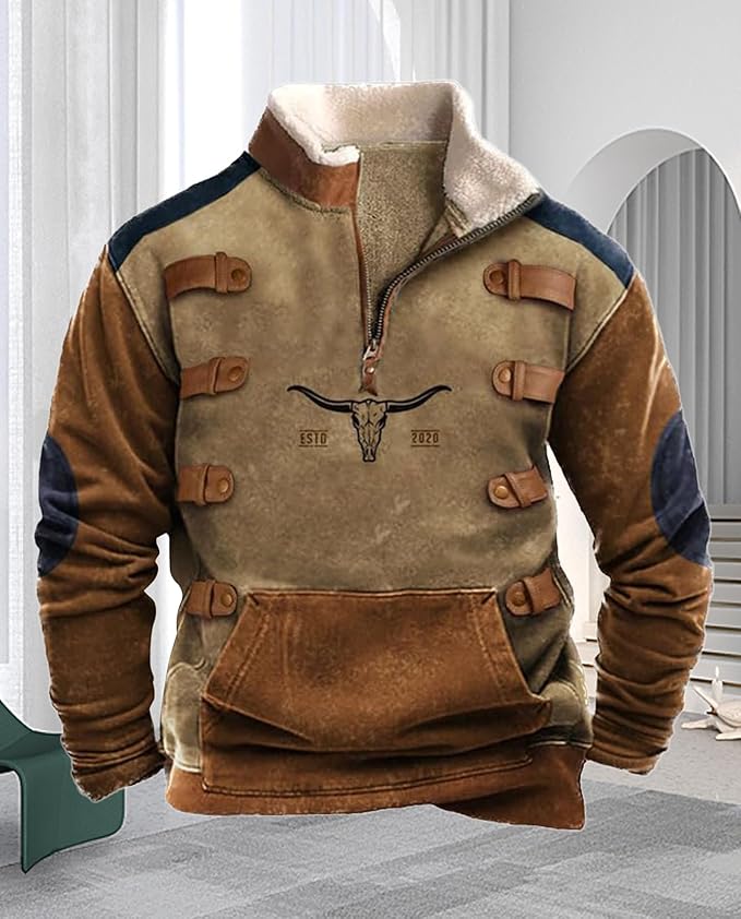 Western Sweatshirts for Men Aztec Retro Pullover Quarter Zip Sweatshirt Mens Stitching Color Fleece Sweatshirt
