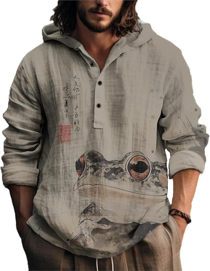 MARSVOVO Mens Japanese Art Long Sleeve Hooded Shirts Lightweight Quarter Button Hoodie Casual Cool Tops for Spring Fall