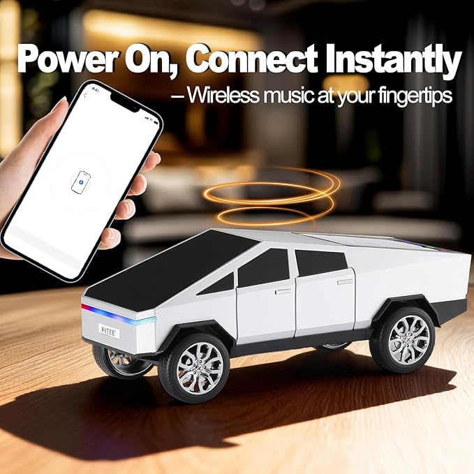 WSTER Futuristic Truck Replica Bluetooth Speaker with LED Display Screen – Practical Gift for Model Collectors, Music Listeners & Tech Fans, TWS Pairing, FM Radio, LED Headlight Detail & Mic (Silver)