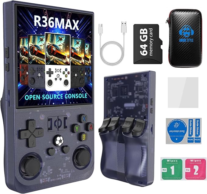 R36MAX 4000mAh Portable Rechargeable Handheld Retro Game Console,Comfort Non-Slip Handheld Standing Retro Game Console with 64G TF Car,4.0-inch Screen,for Office,Purple Gray